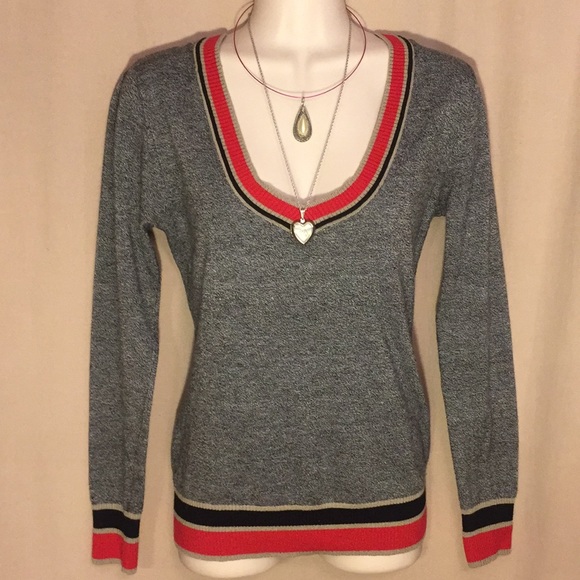 Poof! Sweaters - Poof Fine Knit gray red stripe Collegiate hoodie S